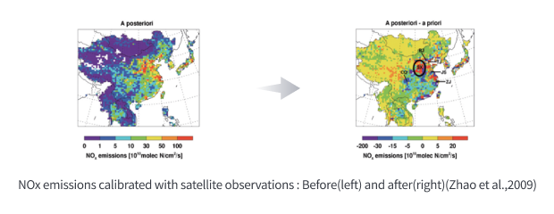 NOx emissions calibrated with satellite observations : Before(left) and after(right)(Zhao et al.,2009)